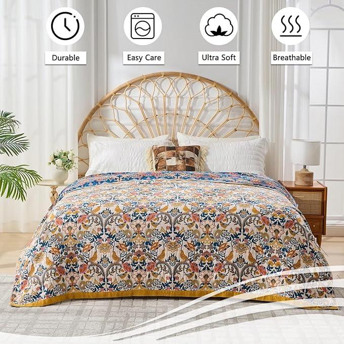 Boho Throw Blanket Reversible Cotton Bohemian Tapestry,100% Cotton Throw Blanket for Couch,Sofa,Chair,Lightweight Summer Quilt Soft 4-Layer Muslin Blanket for Farmhouse,Picnic Decor 50