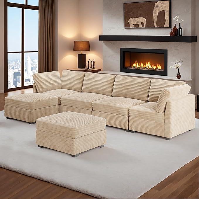 HOOOWOOO Modular Sectional Sofa,6 Pieces Sectional Couches for Living Room,131X66 L Shaped Cloud Couch with Ottoman Chaise Set(Beige Velvet Corduroy)