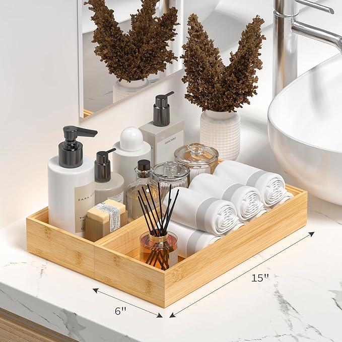 Kitchen Drawer Organizer Bins, Stackable Bamboo Deep Drawer Organizer for Silverware, Utensils, Cutlery, Flatware, Junk Drawer, Dresser, Bathroom, 15