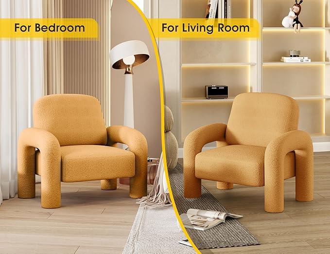 Modern Sherpa Accent Chair, Teddy Upholstered Arm Single Sofa, Cozy Fluffy Reading Chair for Living Room, Bedrooms, Corner (Yellow)