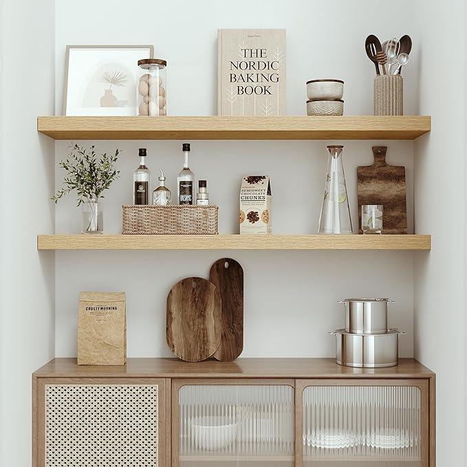 Single Floating Shelves Oak 48 Inches, 48 x 10 inch Deep x 1.8 in Thick, Long Wall Shelves Heavy Duty 80 lbs for Bedroom, Living Room, Kitchen, Office, Modern Shelf Book Home Decor