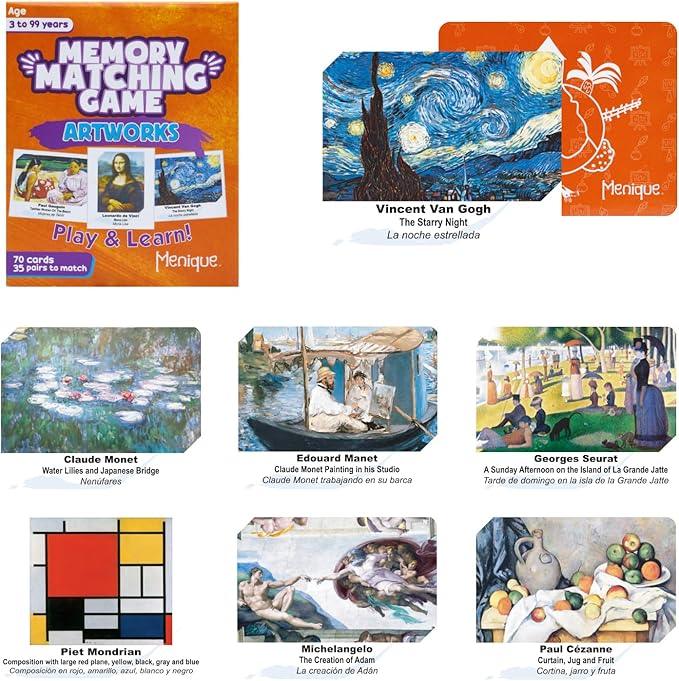 Menique Memory Matching Game – Famous Paintings for Adults & Kids – 70 Cards (35 Pairs) – Bilingual Art Game – Educational & Concentration Activity