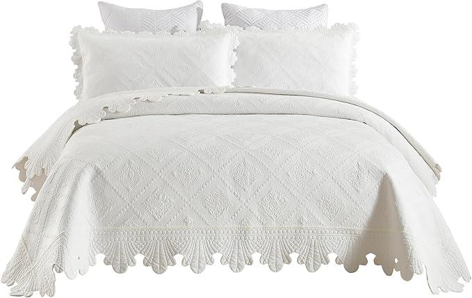 MarCielo 3-Piece 100% Cotton Oversized Bedspread Lightweight Quilt Coverlet Embroidery Farmhouse Bedding Set (TK White, Oversized Queen (100