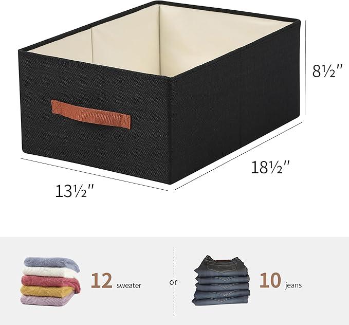 linen closet organizers and storage, 3 Pack Large Storage Baskets, Washable, Clothing Storage Bins with Handle, Closet Organizer for Storage Sweater,Sheets (Black, 18½