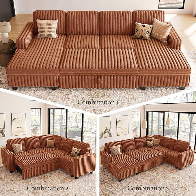 Belffin Oversized Sofa Bed Modular Sectional Sleeper Sofa with Pull Out Bed L Shaped Couch with Storage Chaise Brick Red Couch