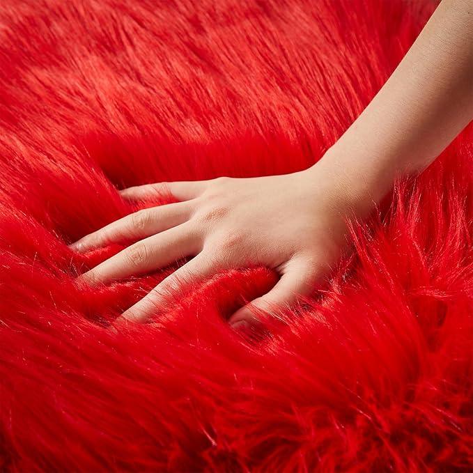 AMTOVO Faux Fur Sheepskin Rug for Living Room, 4 x 6 ft Red Fluffy Area Rug for Bedroom, Playroom, Luxury Room Decor, Rectangle