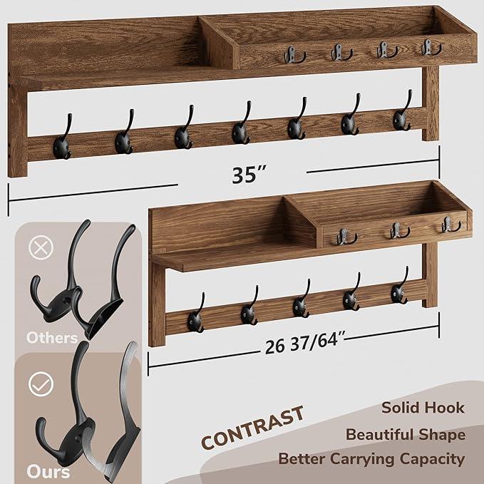 AMBIRD Coat Rack Wall Mount, 35 inch Large Wall Hooks with Shelf, Entryway Shelf with 7 Dual Coat Hooks 4 Key Hooks Mail Organizer, Wooden Coat Hanger and Key Holder Wall Mount