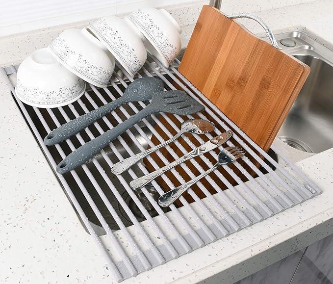 Surpahs Over Sink Foldable Multipurpose Roll-Up Dish Drying Rack, Silicone Wrapped Stainless Steel, Warm Gray, 17.5