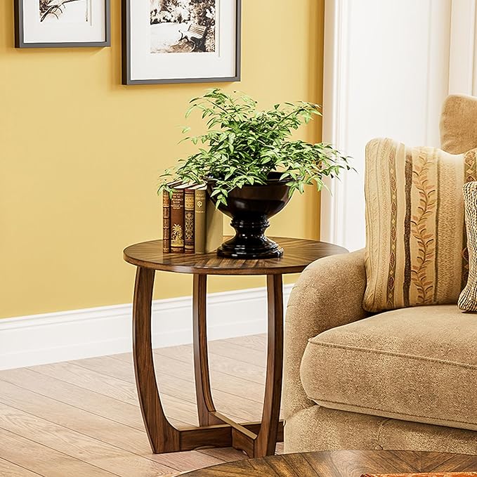 PADMA HOUSE Round Wood End Table with Curved Legs, Drum Circle Side Table with Snowflake Tabletop, Rounded Wooden Sofa Side Table, Brown Walnut Wood Tabletop & Legs 23.6