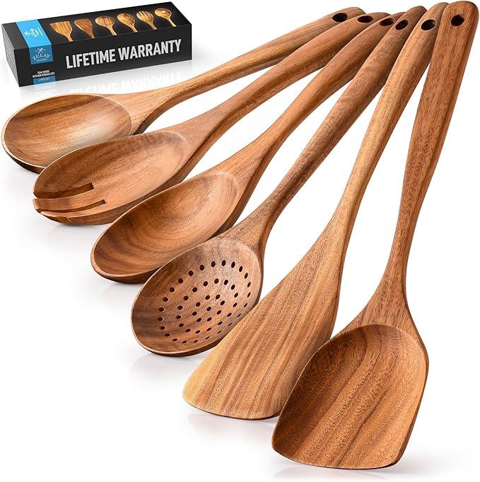 Zulay Kitchen 6-Piece Wooden Cooking Spoons Set – Heat-Resistant, Smooth Teak Utensils with Comfort Grip – Lightweight & Durable – Easy to Clean, Perfect for Non-Stick Cookware
