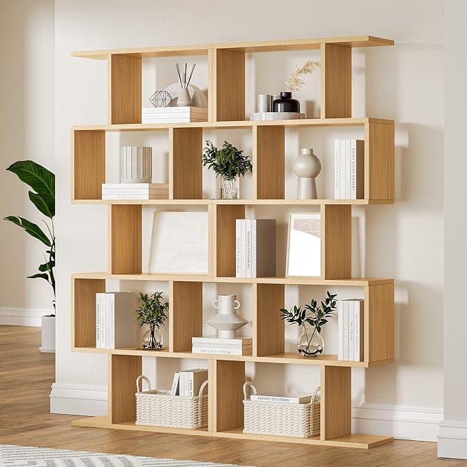 Oak 5-Tier Geometric Bookcase, S-Shaped Modern Bookshelf Set of 2, 62.6
