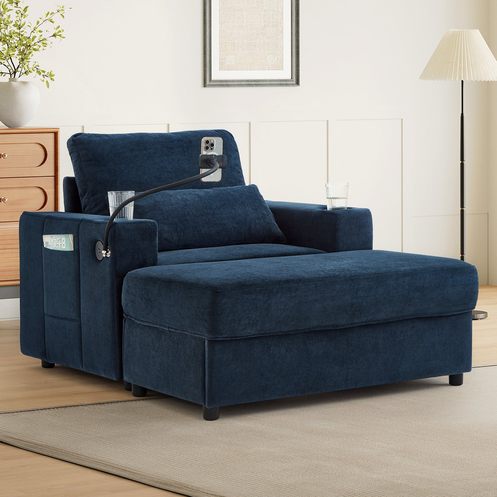 Modern Style Armchair Chaise Lounge  with Movable Storage Ottoman, USB Ports, and Cup Holders