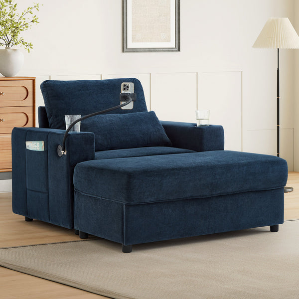 Modern Style Armchair Chaise Lounge  with Movable Storage Ottoman, USB Ports, and Cup Holders