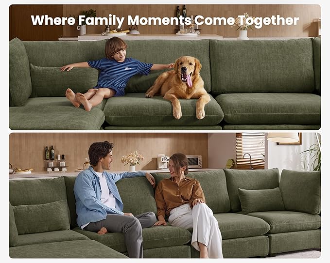 Oversized Modular Sofa, Extra Deep Cloud Chenille Sectional Couch with Ottoman Chaise, Fluffy Chenille 6 Seat U-Shaped Sofa for Living Room, Villa (U Shape 6 Seater, Chenille Green)