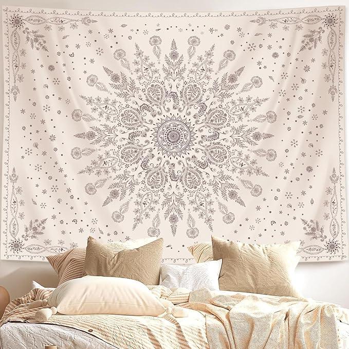 Lunerfex Boho Floral Tapestry Mandala Wall Tapestry, Cute Tapestries for Bedroom Beige Flower Tapestries Wall Hanging for Bedroom Living Room Decor Beige-1 60