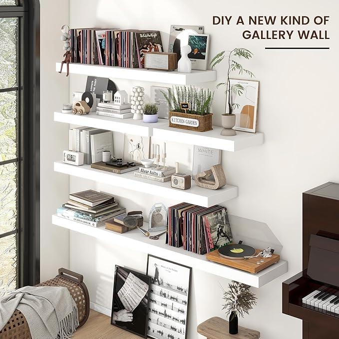 Floating Shelves for Wall, 2 Large Wall Mounted Shelves with Invisible Brackets, Long Wood Floating Wall Shelf Shelves for Living Room, Bedroom, Kitchen, (White, 36