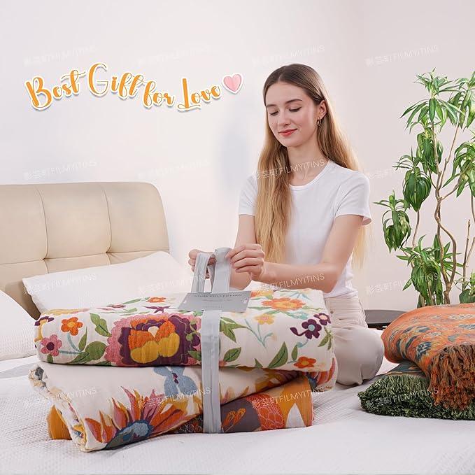 Boho Large Throw Blanket, 100% Organic Cotton Breathable Soft Bed Throw - Floral Farmhouse Decor Blanket for Sofa Couch Chair and Gift. 91