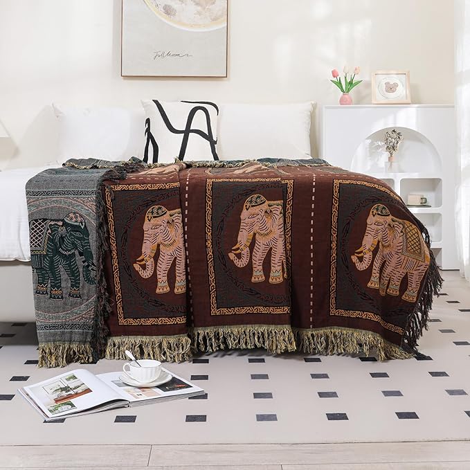 Boho Throw Blanket for Bed with Tassels,100% Cotton Ultra Soft and Cozy Large Blanket Elephant Printed Farmhouse Decor Bed Blankets,80