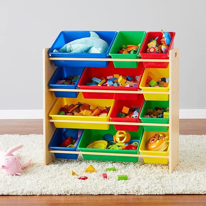 Amazon Basics Kids Toy Storage Organizer With 12 Plastic Bins, Natural Wood With Bright Bins, 10.9