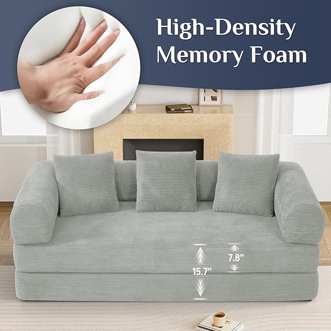 Convertible Sleeper Sofa Bed with Pillow, 4-in-1 Corduroy Folding Mattress Couch with Fixed-Shape Frame, Futon Fold Out Floor Sofa Cama Lounge Couch for Living Room Bedroom, Light Grey