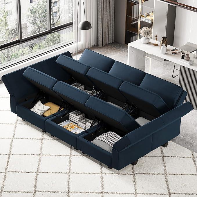 Belffin Modular Velvet Sectional Sofa with Chaise Lounge Sectional Sleeper Sofa with Storage Chaise Bed Couch for Living Room Blue