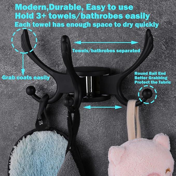 Swivel Coat Hook 2 Pack Heavy Duty Space Saving Towel Rope Hook Wall Mount Triple Swing Arms for RV Bathroom Kitchen Garage,Matt Black