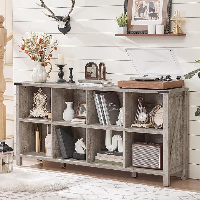 8 Cube Book Shelf, Farmhouse Wood Long Storage Organizer Bookcase, 62