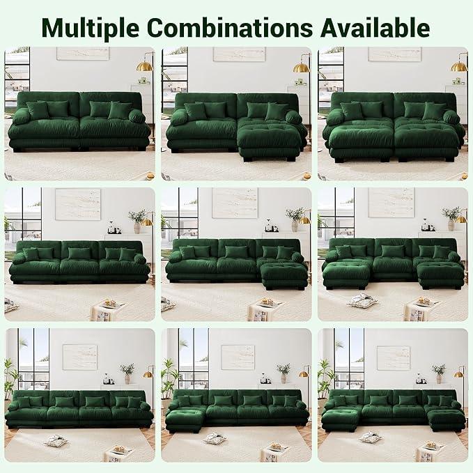 Modular Sectional Sofa, Comfy Cloud Couch 4 Seater Couch with Ottoman, Sectional Couches for Living Room, Modern Chenille U Shaped Couches, Sleeper Deep Seat Sofa with Throw Pillows, Green