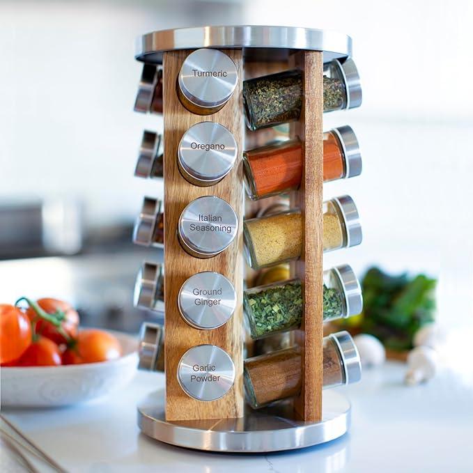 Orii 20 Jar Spice Rack with Spices Included - Tower Organizer for Kitchen Spices and Seasonings, (Natural Acacia Wood)