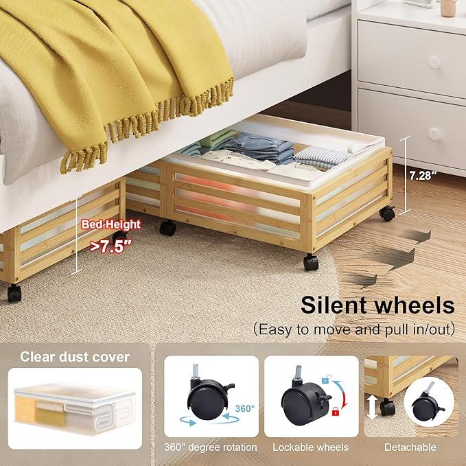 Under Bed Storage with Wheels-Large Bamboo Underbed storage Containers with Large Dust Bag Stackable Under the Bed Shoe Storage Bins for Clothes Books Bedding (2 Packs Nature, 33.07