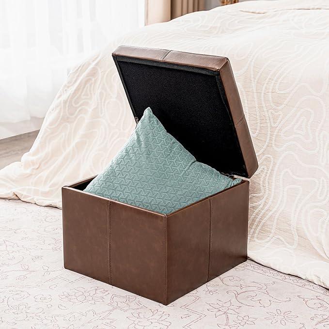 Adeco Storage Ottoman Foot Rest Stool, Leather Ottoman Footstool with Hinged Lid, 17