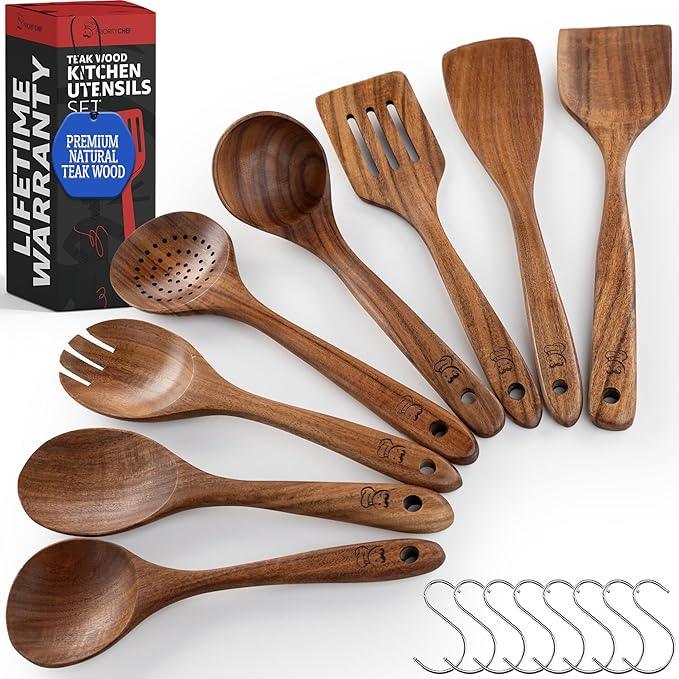 PriorityChef Premium Wooden Spoons for Cooking - 8pc Smooth Finish Teak Utensil Set with Hanging Hooks, Heat-Resistant & Nonstick Safe, Ideal for Gifting