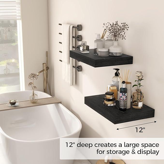 12 Inch Deep Black Floating Shelves, 16 x 12 Floating Shelf for Books, Rustic Wood Deep Wall Shelves for Home Storage & Display, 2