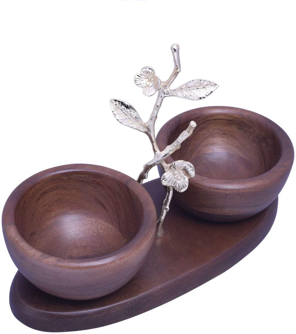 Acacia Wood Nut Bowls – Two Small Wooden Serving Bowls on Oval Tray