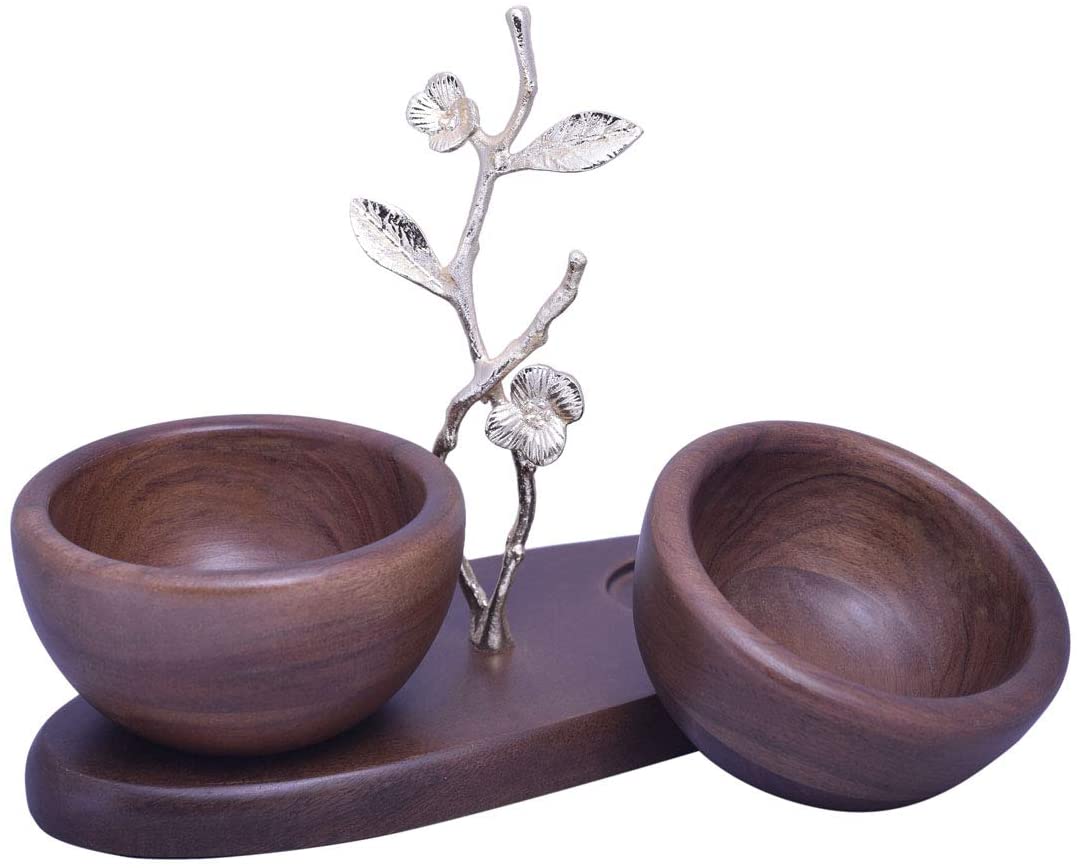 Acacia Wood Nut Bowls – Two Small Wooden Serving Bowls on Oval Tray