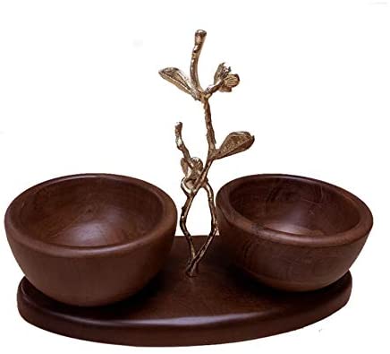 Acacia Wood Nut Bowls – Two Small Wooden Serving Bowls on Oval Tray