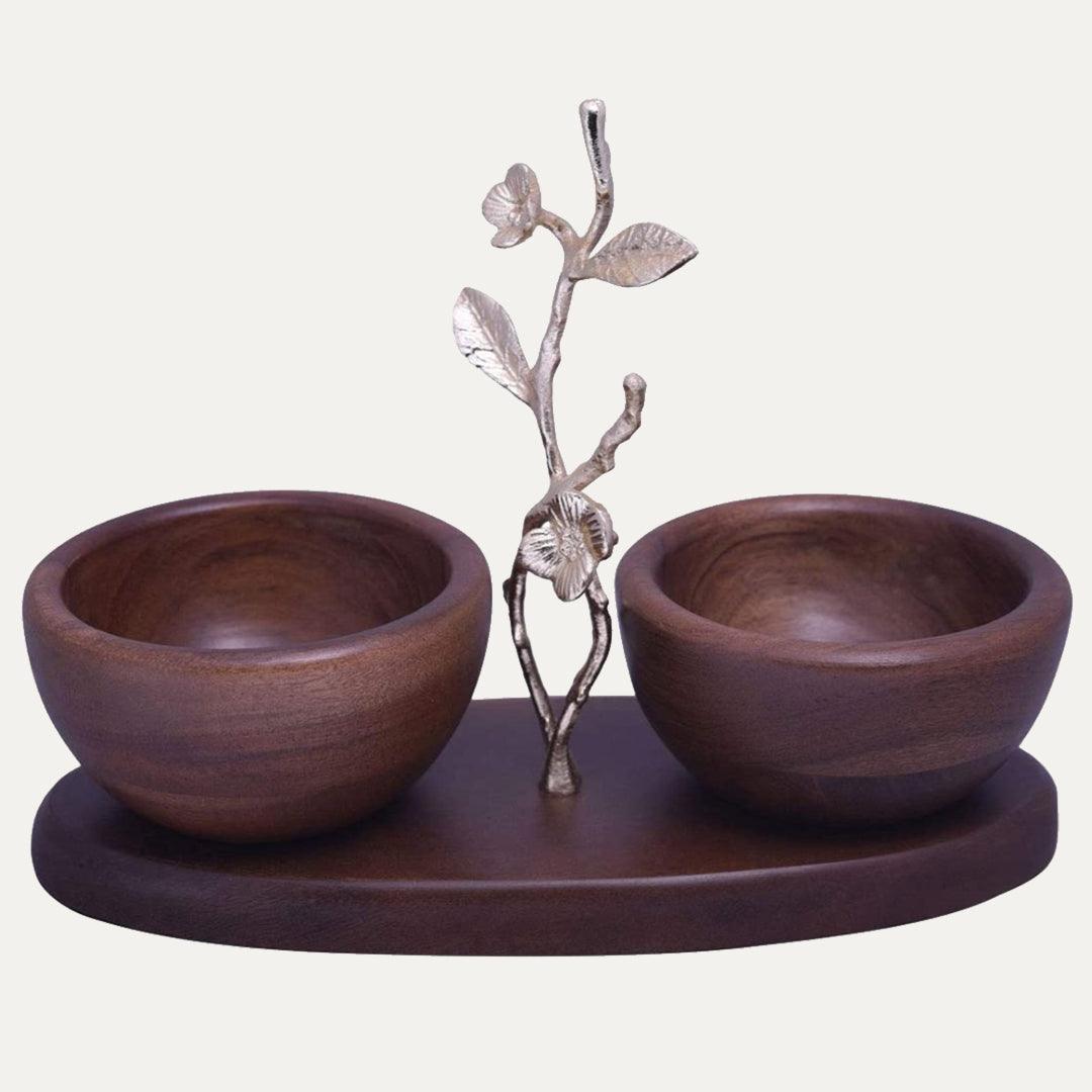 Acacia Wood Nut Bowls – Two Small Wooden Serving Bowls on Oval Tray