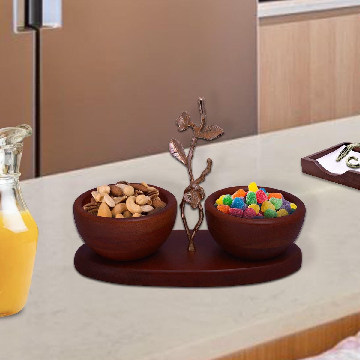 Acacia Wood Nut Bowls – Two Small Wooden Serving Bowls on Oval Tray