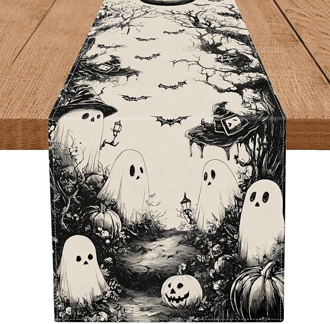 GPGHE Halloween Table Runner Black Ghost Holiday Burlap Table Decoration Indoor Outdoor Home Decor Party Supply 13 x 72 Inch