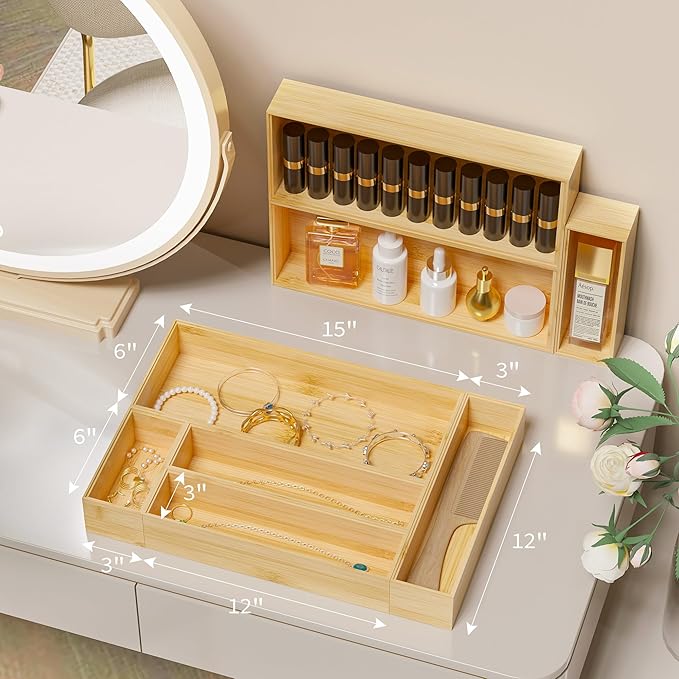 Kitchen Drawer Organizer Bins, Stackable Bamboo Deep Drawer Organizer for Silverware, Utensils, Cutlery, Flatware, Junk Drawer, Dresser, Bathroom, 9