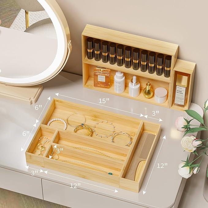 Kitchen Drawer Organizer Bins, Stackable Bamboo Deep Drawer Organizer for Silverware, Utensils, Cutlery, Flatware, Junk Drawer, Dresser, Bathroom, 6
