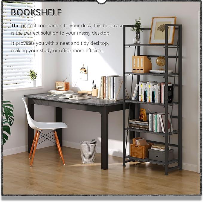 4NM No Assembly Foldable Bookshelf, 5-Shelf Collapsible Bookcase Storage for Small Spaces, 62.2