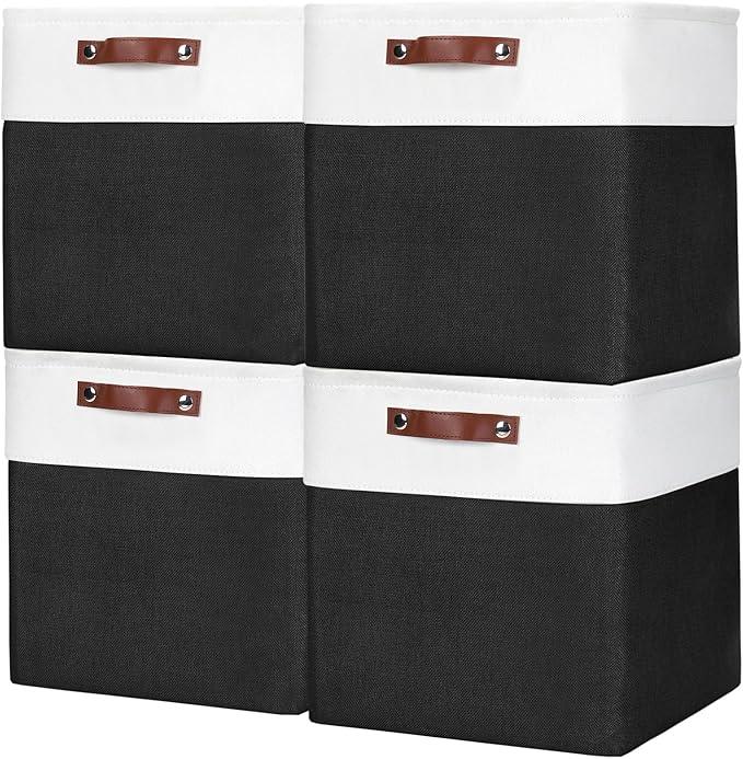 13x13 Cube Storage Bins, Collapsible Fabric Storage Box, 4 Pack Closet Baskets with Handles for Organizing, Shelf, Toys, Clothes, Home, Office, Nursery (Black&White)