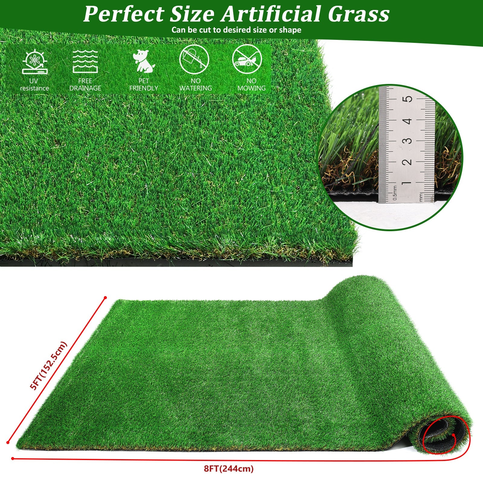 5FTX8FT outdoor artificial grass running blanket, thick and realistic fake grass roll with a pile height of 1.38 inches