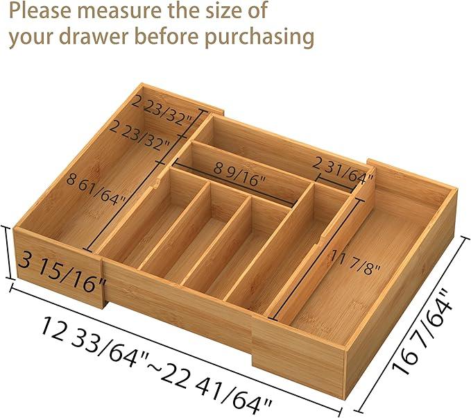 BAMEOS 3.9inch Tall Bamboo Drawer Organizer, Expandable Utensil Holder with 8 Compartments, Adjustable Kitchen Drawer Divider for Flatware, Silverware and Gadgets, Deep Storage for Home and Office