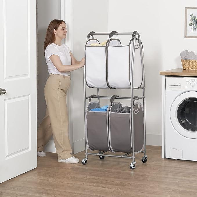 Neatfreak - 2 Tier Vertical Rolling Laundry Cart - Rolling Storage Cart On Wheels With 4 x Tote Hampers For Laundry, Towels, Blankets & Bathroom Organization - Quad Laundry Sorter
