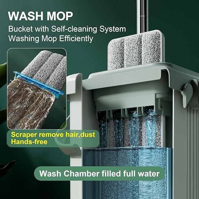 JOYMOOP Mop and Bucket with Wringer Set, Flat Squeeze Mop with Bucket (X-Large), Dust Mop for Wall Cleaner with Long Handle, Microfiber Mop - Green Bucket with 3 Reusable 15