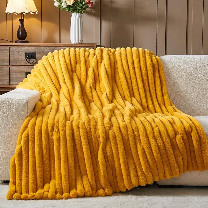 NEWCOSPLAY Faux Fur Throw Blanket Mustard Yellow 3D Ribbed Plush Thick Warm Blanket for Couch Sofa Bed 850GSM (Mustard Yellow Ribbed, Throw(50