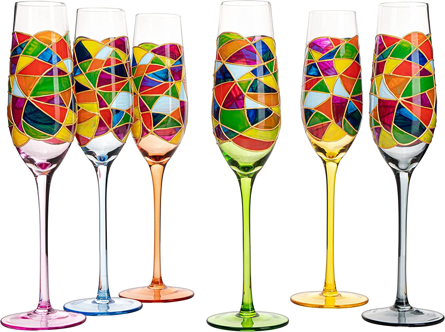 Stained Glass Champagne Flutes Set of 6 Hand Painted - Wine Savant - Hand Blown 7 Ounce Colorful Renaissance Champagne Glasses - 10.2