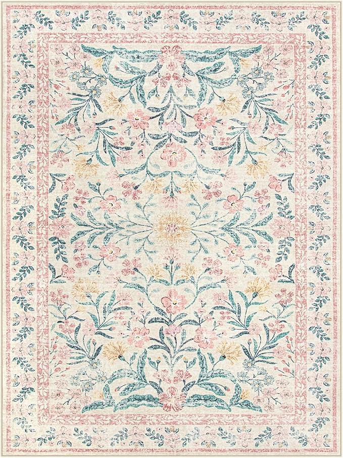 Wonnitar Floral Large Rugs for Living Room, Soft Light Pink Rug Washable 9x12 Carpet Non Slip, Boho Foldable Non-Shedding Kids Carpet for Bedroom Girls Nursery Dorm Playroom